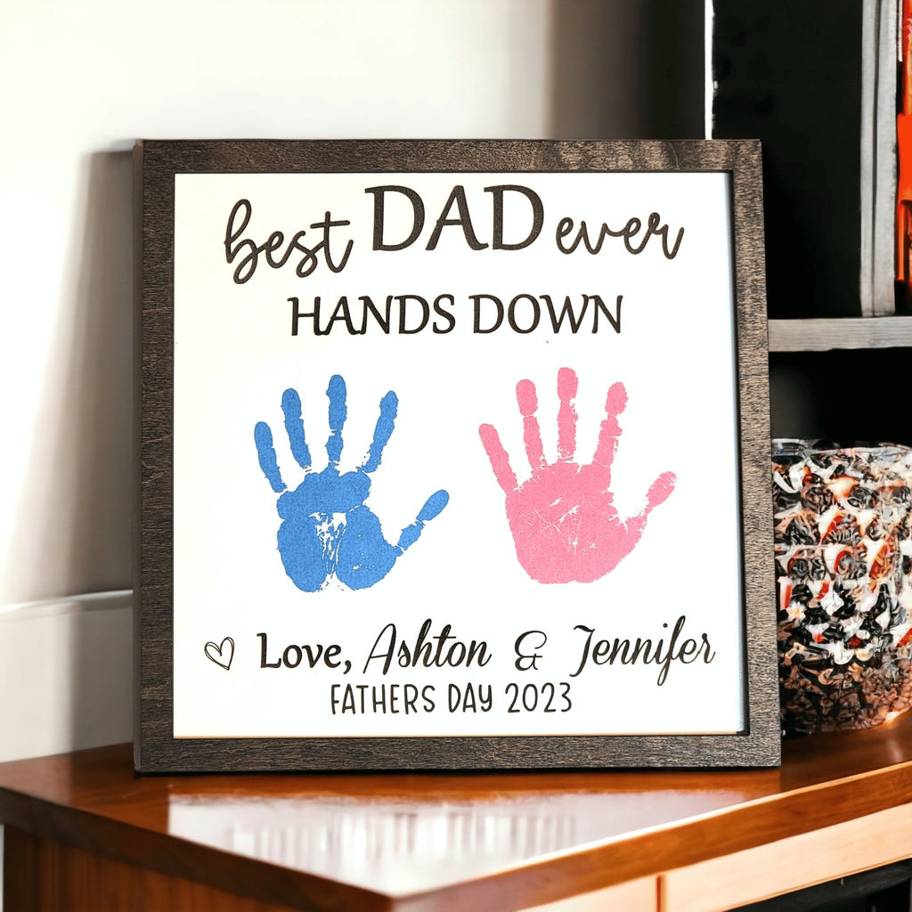 Personalized Best Dad Ever Hands Down Sign with Sublimated Handprints - Designodeal
