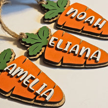 Load image into Gallery viewer, Personalized Carrot Shaped Easter Basket Name Tags With Stained Wood Backer - Designodeal
