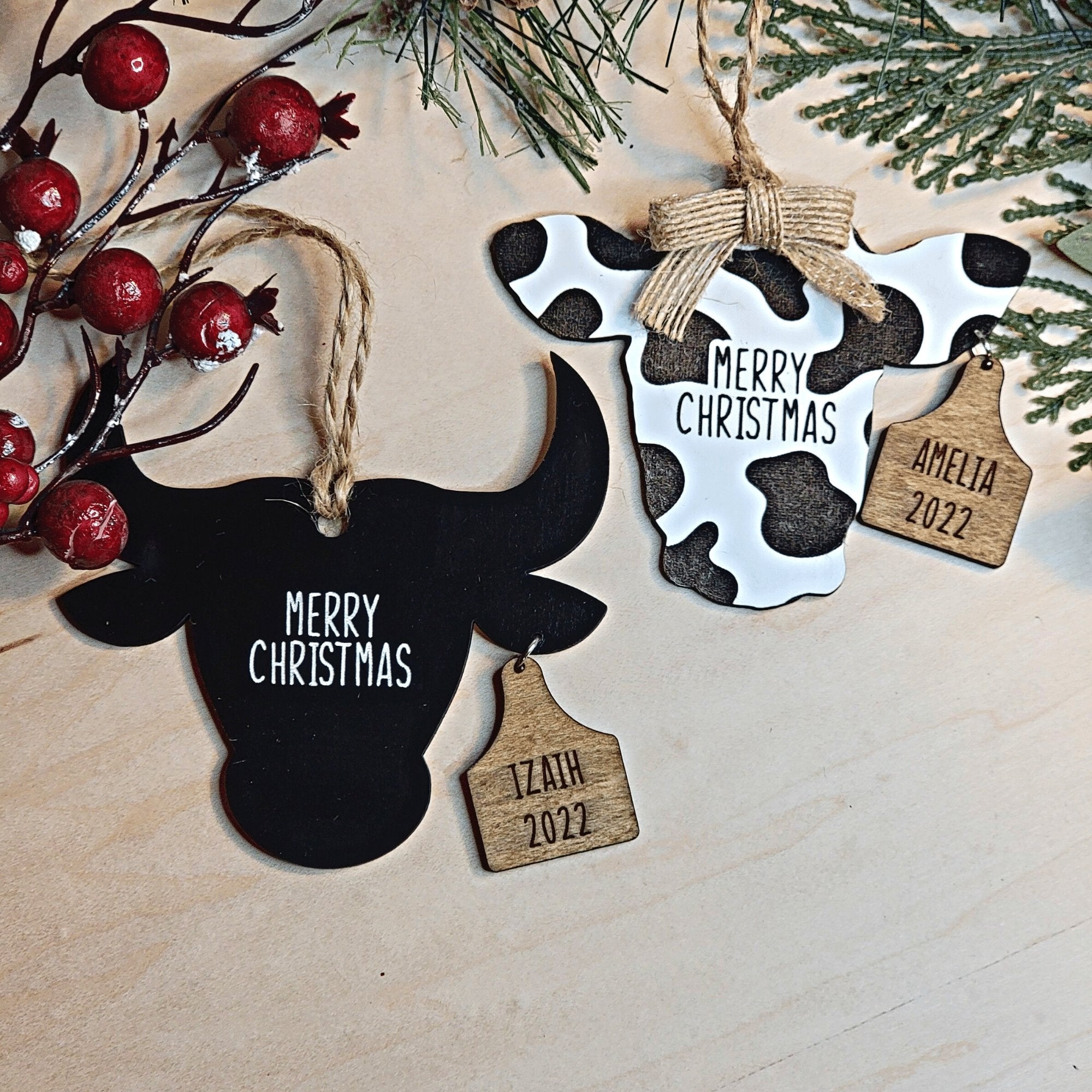 Personalized Cow and Bull with Ear Tags Christmas Ornament - Designodeal