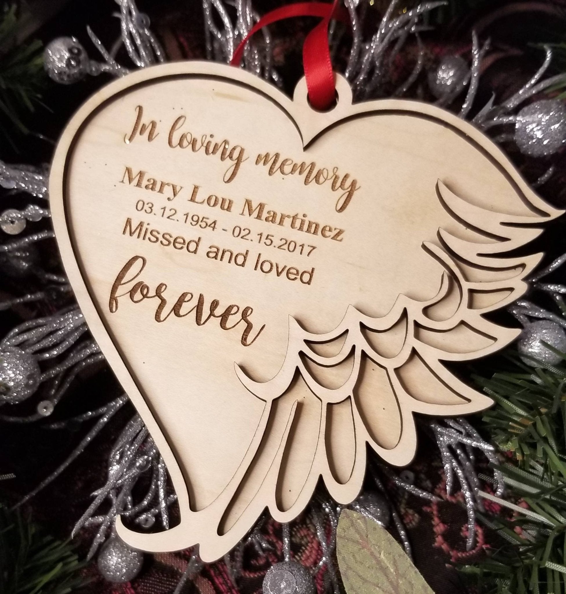 Personalized In Loving Memory Memorial Ornament ~ 2 Layered Angel Wings - Designodeal