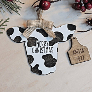 Personalized Merry Christmas Cow and Bull with Ear Tags Christmas Ornament - Designodeal