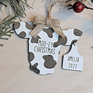 Personalized Moo-ey Christmas Cow and Bull with Ear Tags Christmas Ornament - Designodeal