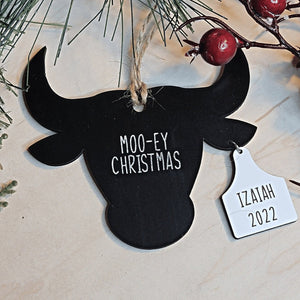 Personalized Moo-ey Christmas Cow and Bull with Ear Tags Christmas Ornament - Designodeal