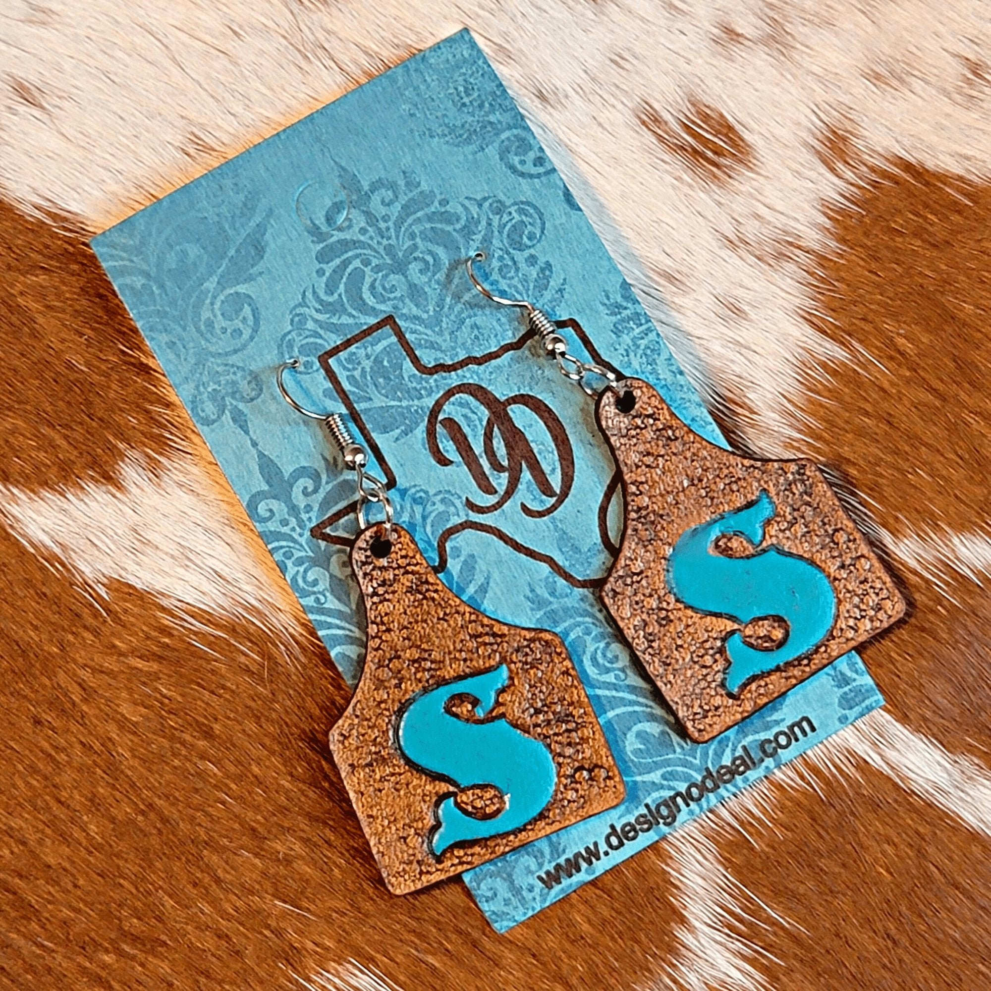 Personalized Rustic Cow Tag Leather Earrings with Initial - Designodeal
