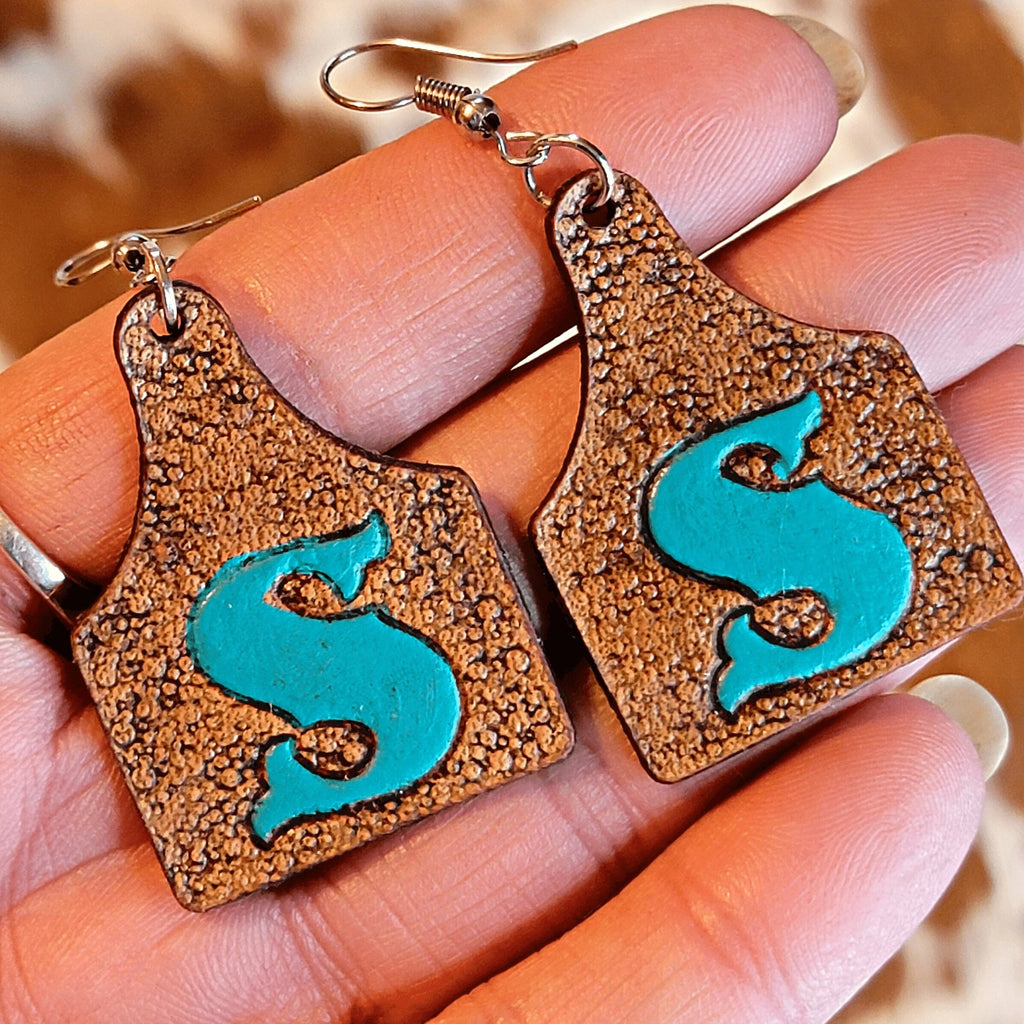 Personalized Rustic Cow Tag Leather Earrings with Initial - Designodeal