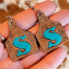 Load image into Gallery viewer, Personalized Rustic Cow Tag Leather Earrings with Initial - Designodeal
