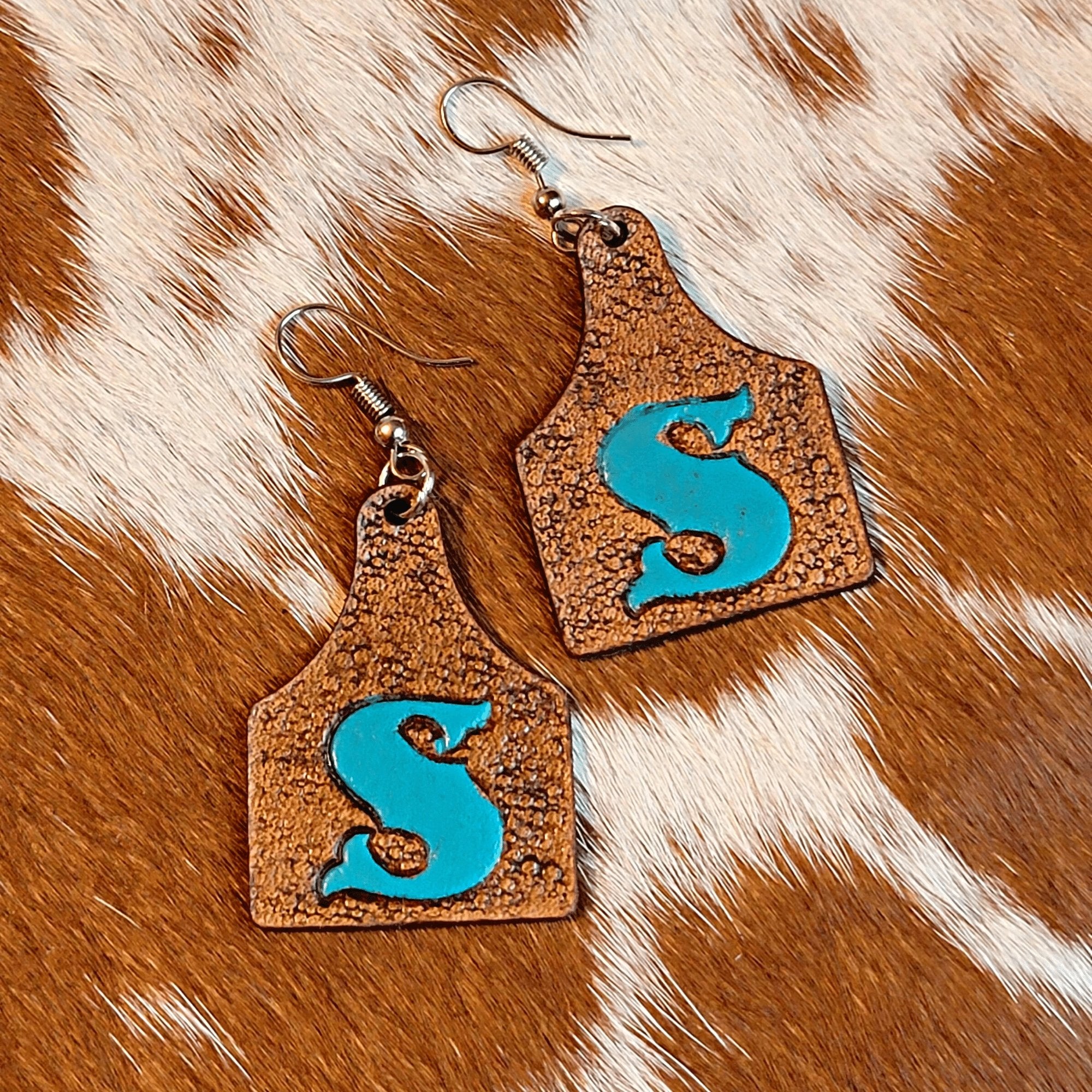 Personalized Rustic Cow Tag Leather Earrings with Initial - Designodeal