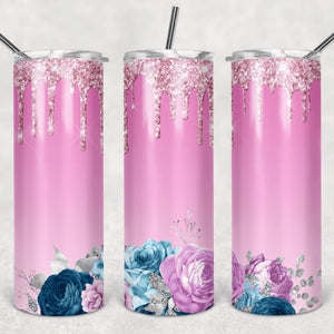 Pink Flowers & Glitter Sublimation Tumbler Straight Skinny - Designodeal