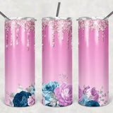 Pink Flowers & Glitter Sublimation Tumbler Straight Skinny - Designodeal