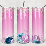 Pink Flowers & Glitter Sublimation Tumbler Straight Skinny - Designodeal