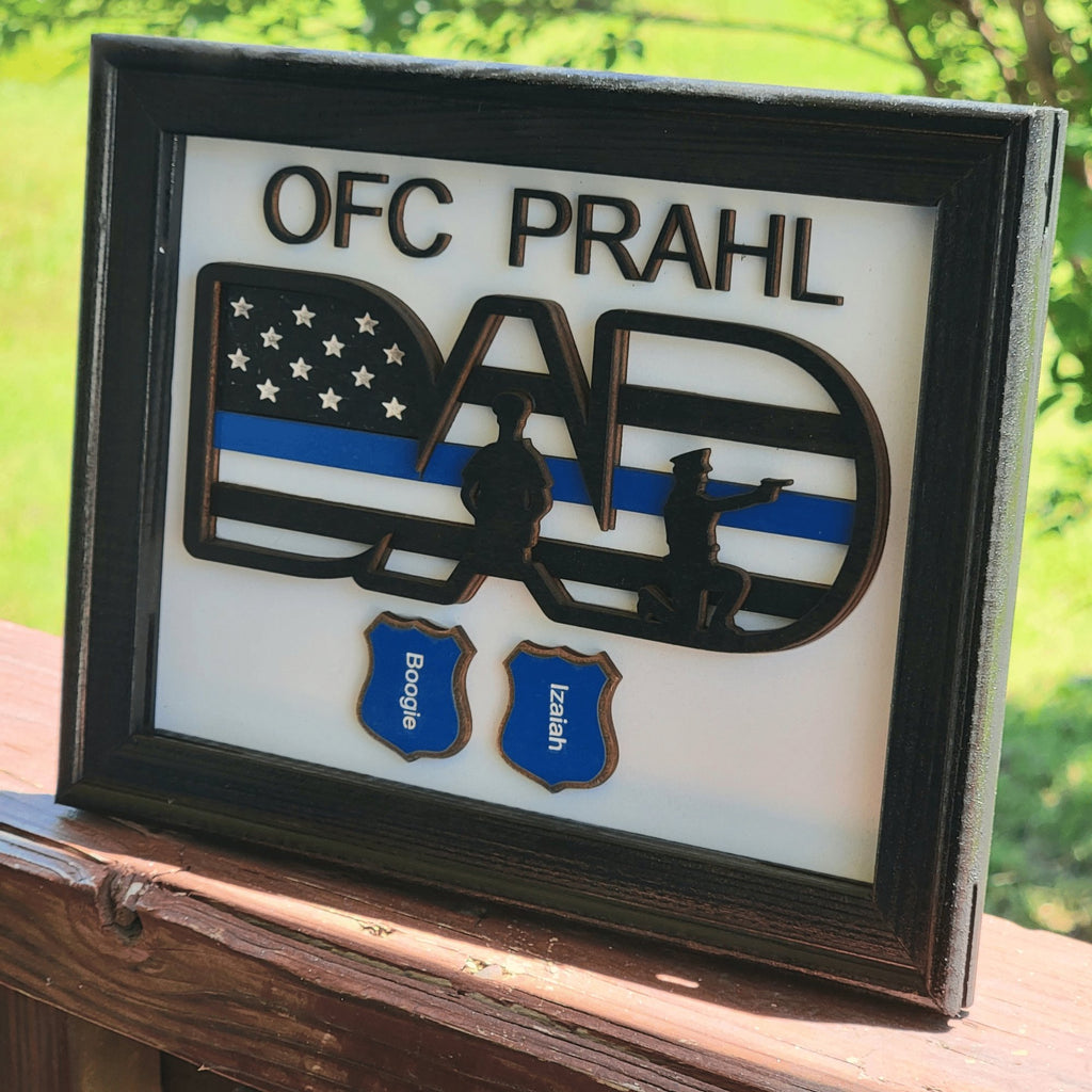 Police Officer Dad Blue Line American Flag Shadow Box Sign - Designodeal