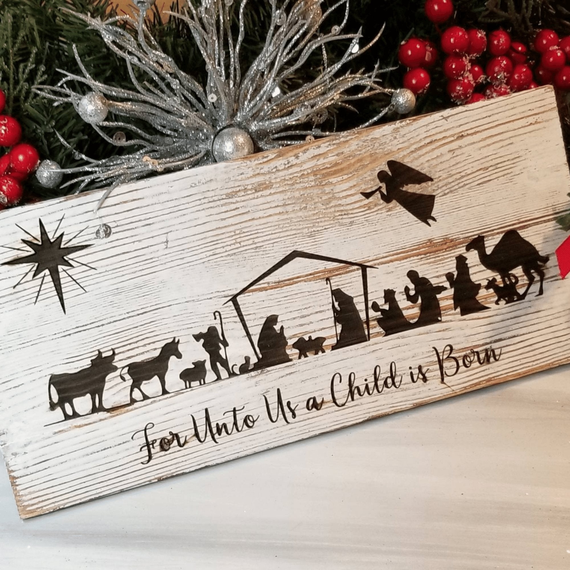 Rustic Farmhouse Christmas Nativity Scene Sign ~ Jesus Birth with Angel - Designodeal