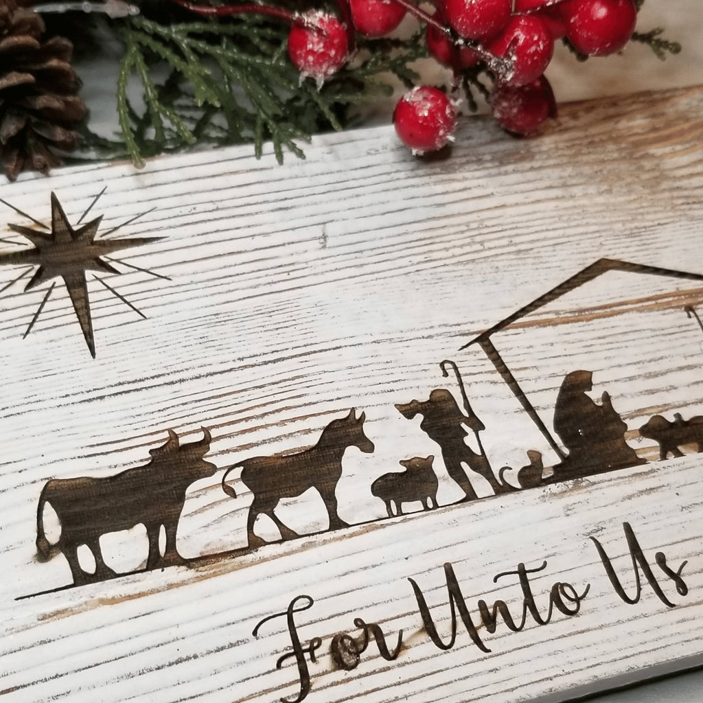 Rustic Farmhouse Christmas Nativity Scene Sign ~ Jesus Birth with Angel - Designodeal