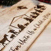 Load image into Gallery viewer, Rustic Farmhouse Christmas Nativity Scene Sign ~ Jesus Birth with Angel - Designodeal
