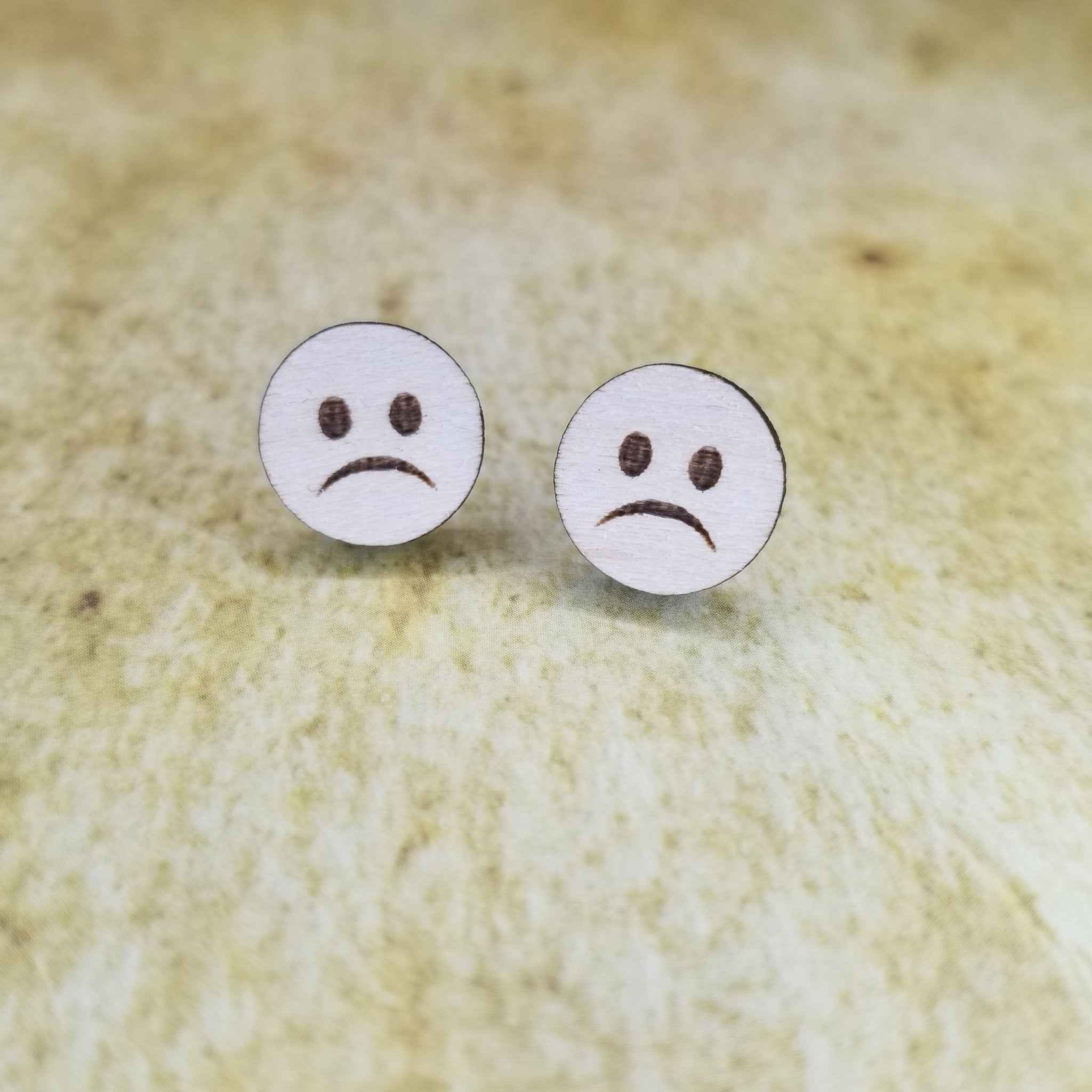 Sad Face Round Maple Wood Stud Earrings