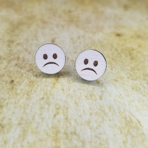 Sad Face Emoji Round Maple Wood Stud Earrings - Designodeal
