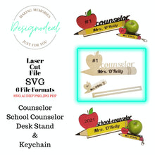 Load image into Gallery viewer, School Counselor Appreciation Gift SVG Digital Download Files ~ Pencil Apple Desk Stand and Keychain - Designodeal

