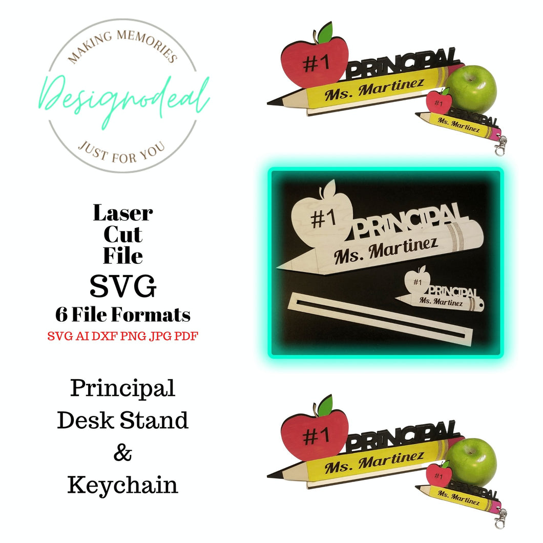 School Principal Appreciation Gift SVG Digital Download Files ~ Personalized Pencil Apple Desk Stand and Keychain - Designodeal