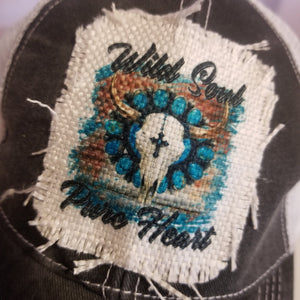 Southwestern Wild Soul Pure Heart Cow Skull Sublimated Raggedy Hat Patches ~ 100% Polyester - Designodeal