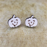 Super Happy Halloween Pumpkin Maple Wood Stud Earrings - Designodeal