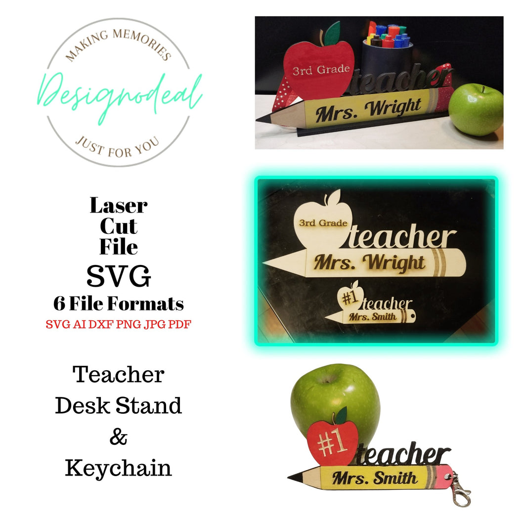 Teacher Sign Appreciation Gift SVG Digital Download Files ~ Pencil Apple Desk Stand and Keychain - Designodeal