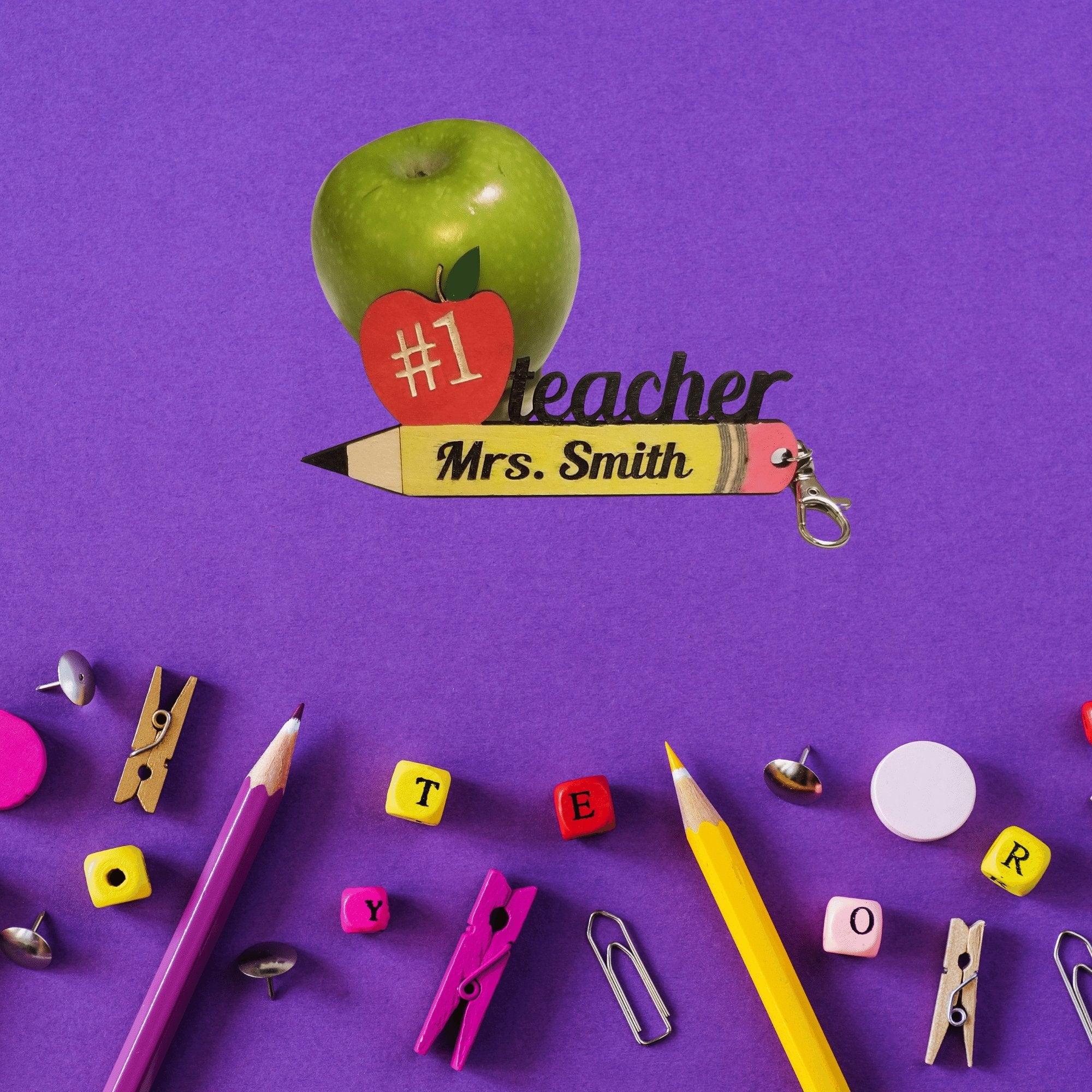 Teacher Sign Appreciation Gift SVG Digital Download Files ~ Pencil Apple Desk Stand and Keychain - Designodeal