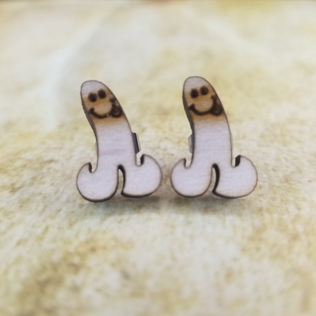 Thin Happy Boy Penis Maple Wood Stud Earrings - Designodeal