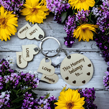 Load image into Gallery viewer, This Mommy Belongs To Keychain With Round Mom Charm and Heart Kids Charms - Designodeal

