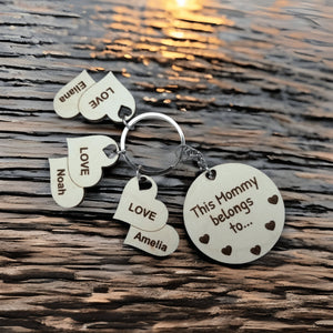 This Mommy Belongs To Keychain With Round Mom Charm and Heart Kids Charms - Designodeal