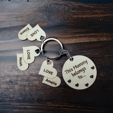 Load image into Gallery viewer, This Mommy Belongs To Keychain With Round Mom Charm and Heart Kids Charms - Designodeal
