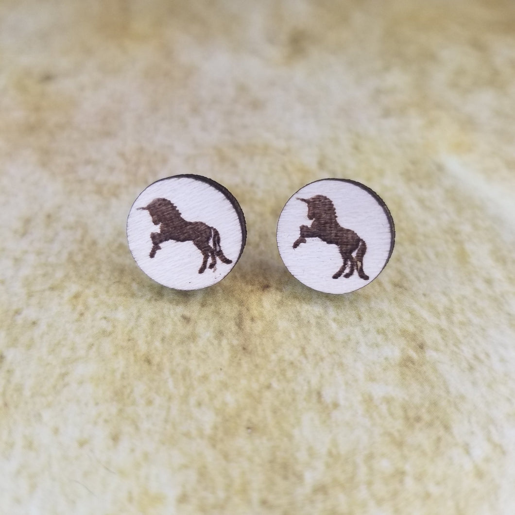 Unicorn round Maple Wood Stud Earrings - Designodeal