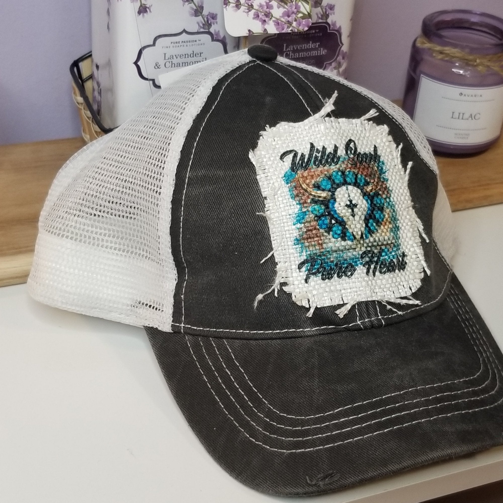 Wild Soul Pure Heart Cow Skull Ragged Patch Dark Gray Trucker Hat - Designodeal