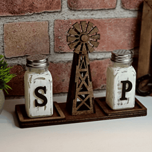 Load image into Gallery viewer, Rustic Farmhouse Windmill Salt &amp; Pepper Shaker Stand

