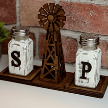 Load image into Gallery viewer, Rustic Farmhouse Windmill Salt &amp; Pepper Shaker Stand
